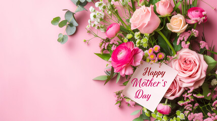 Happy Mother's Day. Beautiful flowers on pink background, flat lay, card