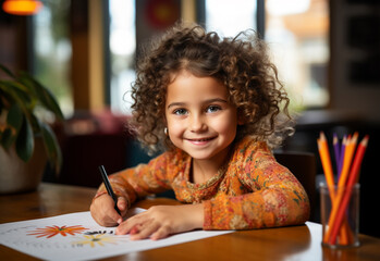 little girl is writing on paper