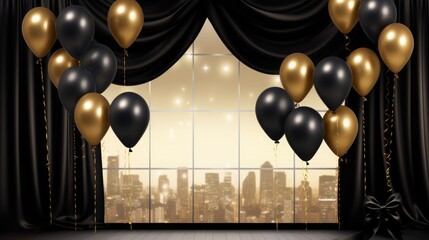 Sticker - black and gold party balloons on the background of curtains. door and exit. invitation to sale on black friday day