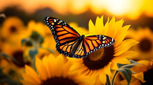 Monarch Butterfly Resting On Sunflower With Dreamy Blurry Background - A Captivating Scene Celebrating The Beauty Of Wildlife And Botanical Splendor