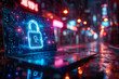 In the rainy city night, a building's neon light reflects onto a locked laptop, a symbol of modern security and isolation