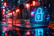 A solitary laptop, its screen locked tight, reflects the neon lights of a rainy city street at night, a symbol of both protection and isolation within the bustling urban landscape