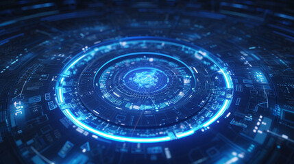 Wall Mural - a circular hud interface with glowing neon blue lines intersecting and forming intricate patterns ag