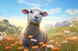 a sheep in a field of flowers