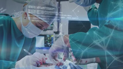 Wall Mural - Animation of network and data processing over caucasian surgeons operating in theatre