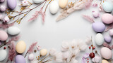 Fototapeta Tęcza - Minimalistyczne jasne tło na życzenia Wielkanocne. Alleluja - Wesołych świąt Wielkiej Nocy. Jajka, kwiaty i inne wiosenne dekoracje.
