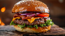Closeup Of Tasty Hamburger On Wooden Table, On Fire Background