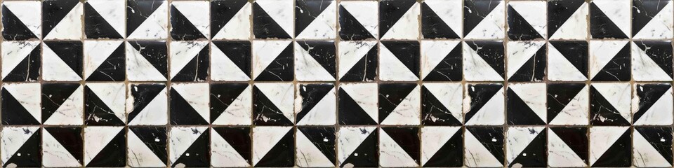 Aufkleber - Black white worn old aged grunge damaged traditional motif tiles texture background banner panorama - Vintage retro cement tile with triangular square, seamless pattern