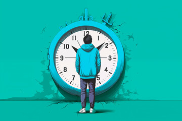 young man in front of a clock, comics style