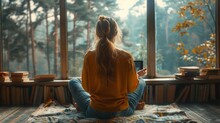 A Young Woman Resting At A Beautiful Country House Or Hotel, Sitting With A Tablet On The Window Sill Enjoying The View Of A Pine Forest. View From Outside. Beautiful Vacation Destinations.
