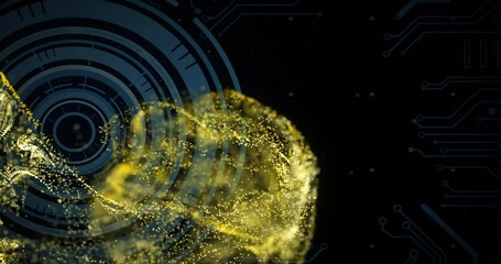 Animation of digital data processing and scope over circuit board and flames