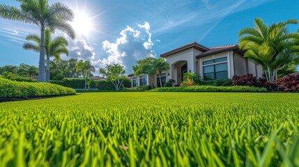 Wall Mural - Real estate. Luxury residence, hotel, beautiful holiday resort house on the background of a green lawn with palm tree