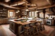 a cabin kitchen with a roaring hearth, wooden beams, and a rustic, cozy feel.