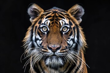 Wall Mural - front view of sumatran tiger isolated on black background. portrait of sumatran tiger (panthera tigr