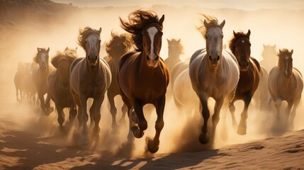 Wall Mural - group of horses running gallop in the desert.