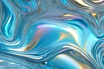  abstract holographic wavy  light blue metallic liquid background