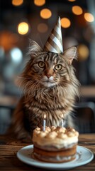 Poster - A cat wearing a party hat sitting in front of a birthday cake