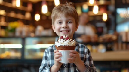 Sticker - A young boy holding a cupcake in front of him