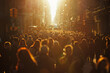 Large crowd of people walking in the street downtown during sunset. Crowded city with pedestrians