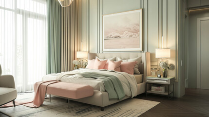 Wall Mural - This master bedroom takes a more subdued approach to the colorful modernism theme incorporating soft pastel shades like blush pink and mint green for a calming and elegant