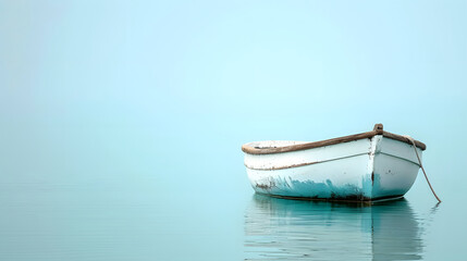 Poster - Solitary White Rowboat on Calm Blue Water with Reflection