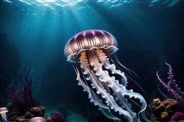 Wall Mural - Fantasy jellyfish floating in the dark blue sea, ocean