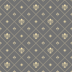 Wall Mural - Seamless vector pattern. Modern geometric ornament with royal lilies. Classic gray golden background