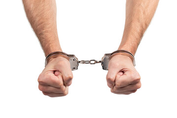 Arrested man handcuffed hands. Prisoner or arrested man, close-up of hands in handcuffs, selective focus.