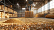 Golden wheat grains at the peak of harvest in a sunlit industrial storage facility