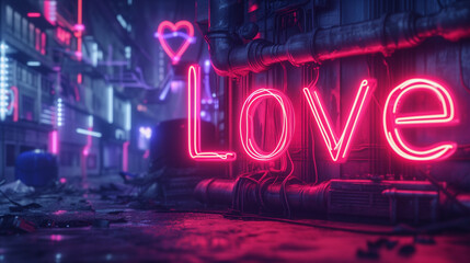 Wall Mural - Love Colorful Neon Lettering Cyberpunk Style. Banner illustration for Valentine's Day.