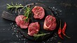 Raw beef fillet steaks with rosemary on black wooden board top view