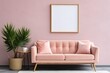 © Margarita Vais  - Mockup of blank painting in square frame over pink sofa in cozy living room interior