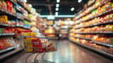 Fototapeta  - cart with groceries in a store against the background of shelves with goods in a supermarket