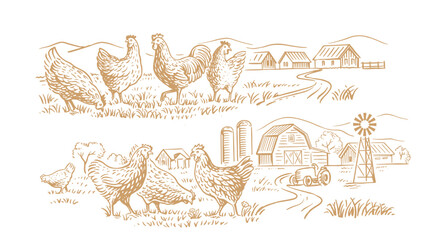 Wall Mural - countryside landscape with chicken. Farm sketch