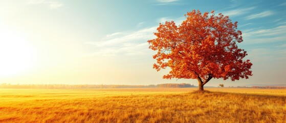 Wall Mural - Golden Autumn Sunset with Lone Tree in Field