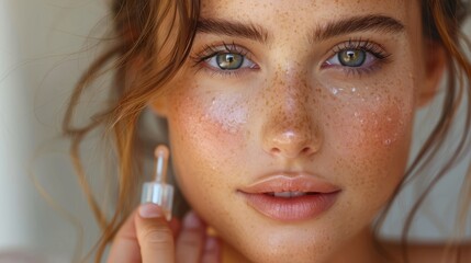 A beautiful young woman with fair skin holds a pipette and drops oil on the skin of her face. Beauty, health, rejuvenation and skin care. Close up