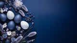 Fototapeta Kwiaty - Minimalistyczne granatowe tło na życzenia Wielkanocne. Alleluja - Wesołych świąt Wielkiej Nocy. Jajka, koszyczek, kwiaty i inne wiosenne dekoracje.