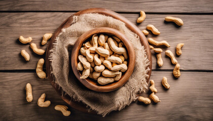 Wall Mural - peanut peeled in wooden bowl, top view. high detail

