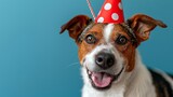 Fototapeta  - Cute dog celebrating with red pary hat and blow-out on blue background with copy space