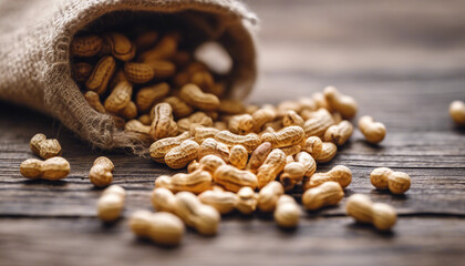 Wall Mural - peanuts in a miniature burlap bag on wooden surface

