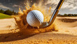 Dynamic Impact of golf Swing. Closeup of a white golf ball and a metal golf club on a golf course in a sand trap. Generative Ai.