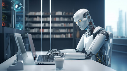 modern AI robot working in office, futuristic artificial intelligence technology, Ai replacing humans, robot typing on laptop