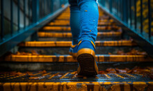 Close-up View Of A Person's Feet In Blue Shoes Walking Up Wet Stairs Sprinkled With Autumn Leaves On A Rainy Day, Depicting The Concept Of Perseverance And Daily Commute