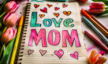 Handwritten I Love MOM Message In A Notebook Surrounded By Colorful Pens And Pink Tulips, Evoking A Heartfelt Mother's Day Sentiment And Craft
