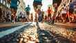 City marathon race, low angle view, back of runners legs, morning sun light in the background.