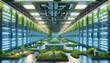 An eco-friendly data platform center that integrates sustainability into data management. The infrastructure showcases green technology, featuring energy-efficient servers and cooling systems