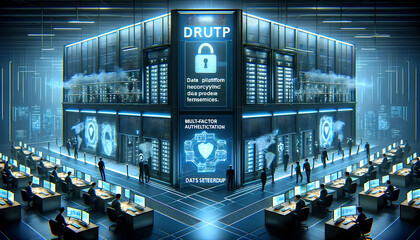 Wall Mural - A secure data platform facility, fortified with the latest in cybersecurity measures. The environment is a high-tech fortress, with encrypted data vaults and multi-factor authentication checkpoints