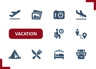 Wall Mural - Vacation Icons. Tourism, Travel, Plane, Photo, Camera, Tourist, Camping, Hotel, Restaurant Icon