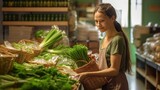 Fototapeta  - Woman in zero waste shop shopping for farm grown vegetables, picking ripe green onions. Client in plastic free local grocery shop using decomposable