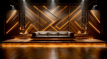 Wooden Geometric Pattern Texture Backdrop With Candlelight And Sofa Set, Interior Design Concept